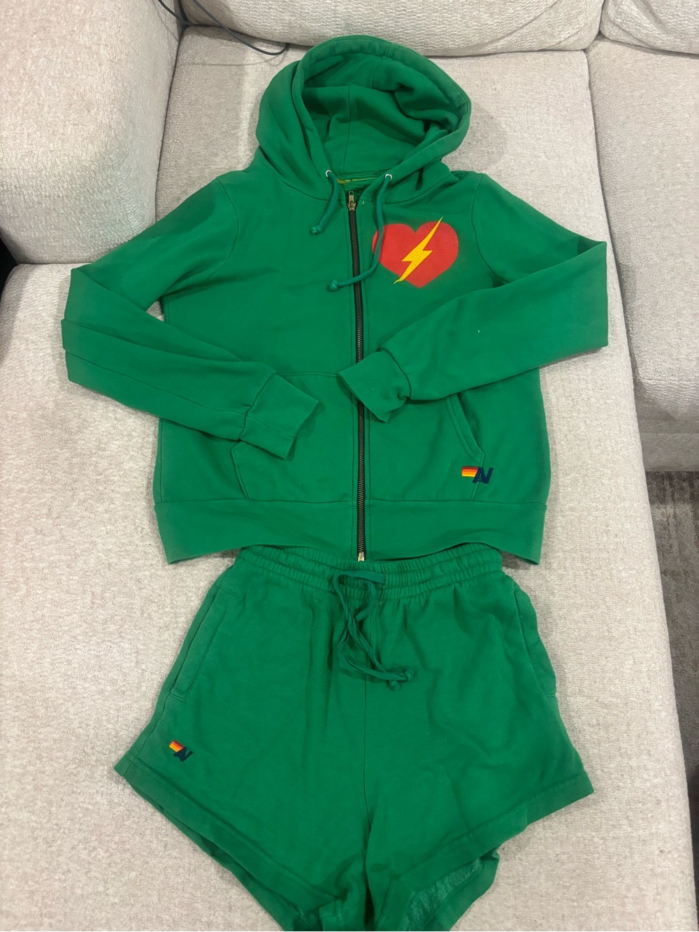 Aviator Nation Green Zip Hoodie & Shorts Set with Red Heart and Yellow Lightning